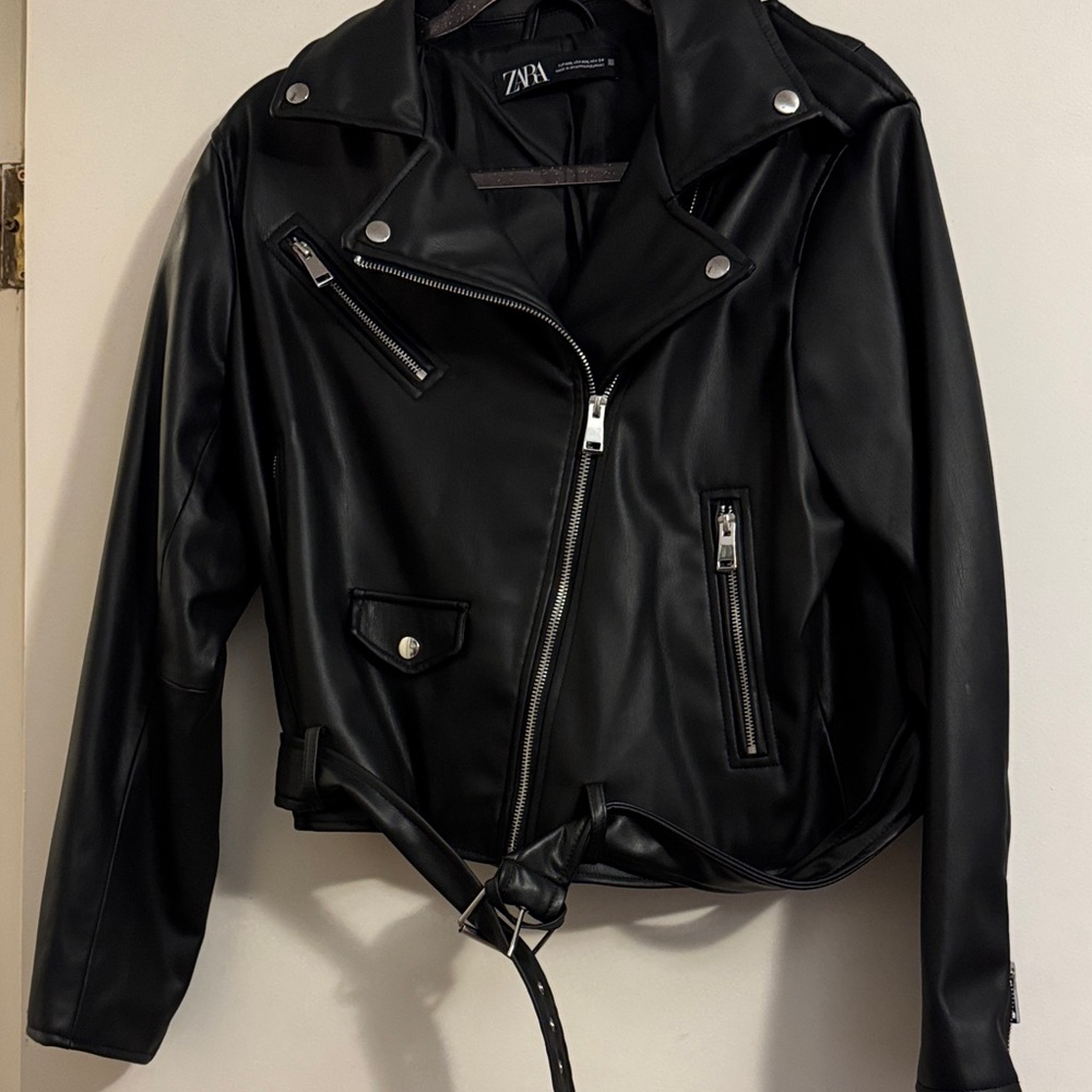 ZARA Black Faux Leather Moto Jacket with Belt